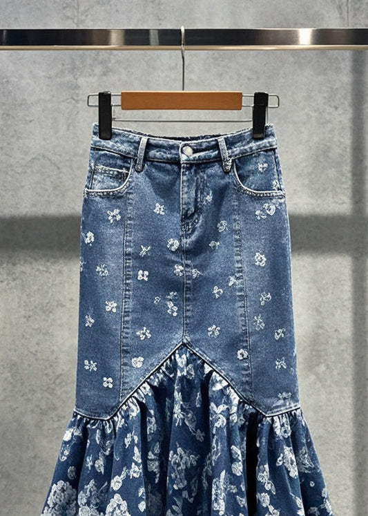 Blue Print Silm Fit Denim Wraped Skirts Fall