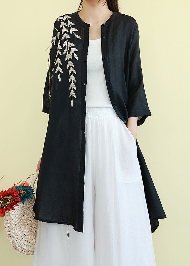 Black Embroidered Linen Shirt Dresses Summer