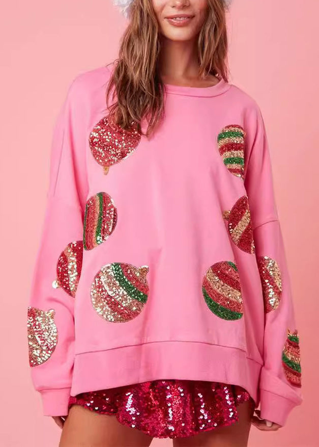 Italian White O Neck Sequins Cotton Sweatshirts Top Winter