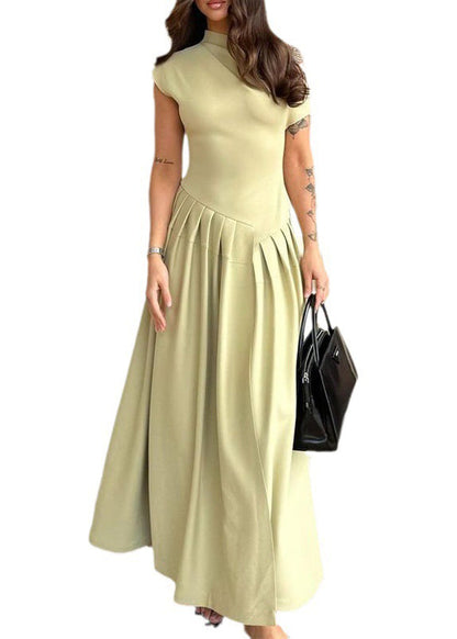 Green Asymmetrical Wrinkled Cotton Long Dress Summer