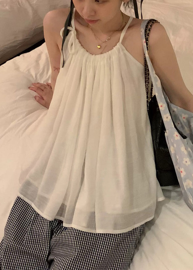 Sweet White Wrinkled Lace Up Strap Tank Top Summer
