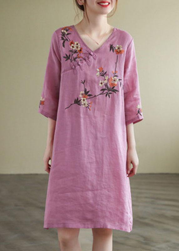 Black V Neck Embroidered Button Three Quarter Sleeve Fall Dresses