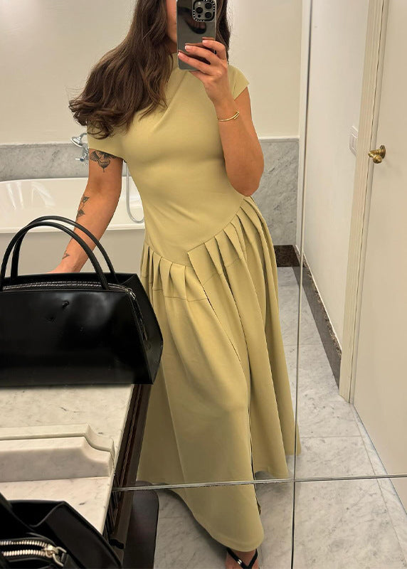 Green Asymmetrical Wrinkled Cotton Long Dress Summer