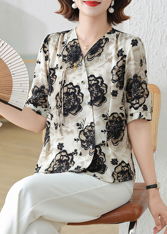 Black Tasseled Print Silk Shirts Summer
