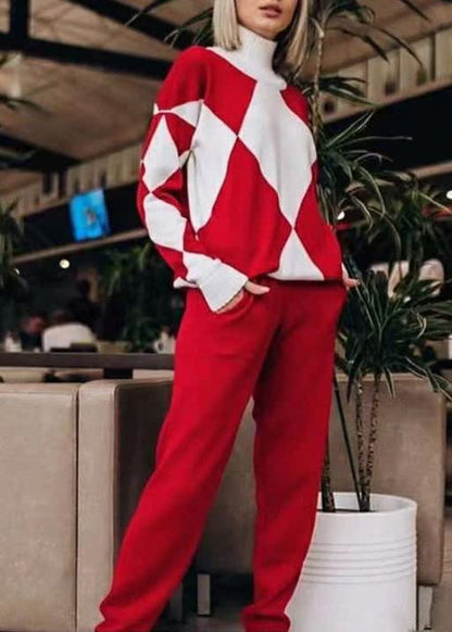 Blue Hign Neck Geometric Knit Two Pieces Set Winter
