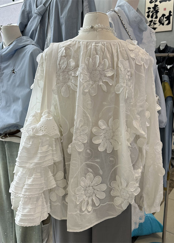 White Lace Up Cotton Blouses Top O Neck Fall