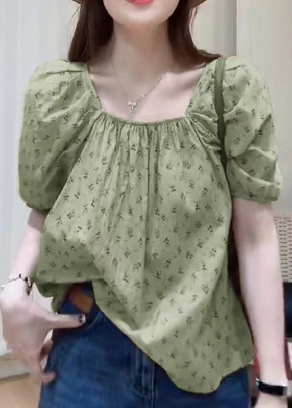 Khaki Square Collar Print Cotton Top Summer