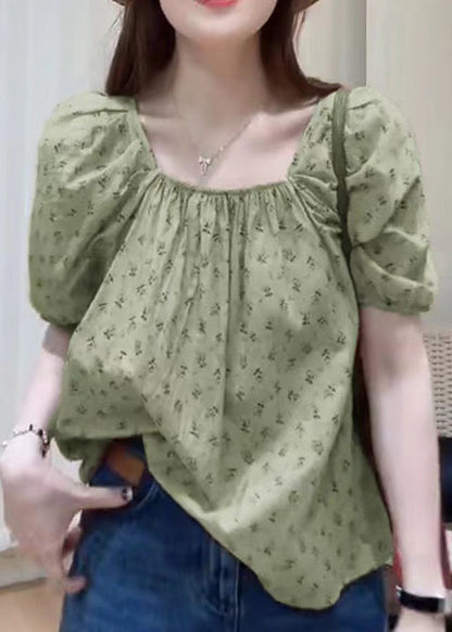 Khaki Square Collar Print Cotton Top Summer