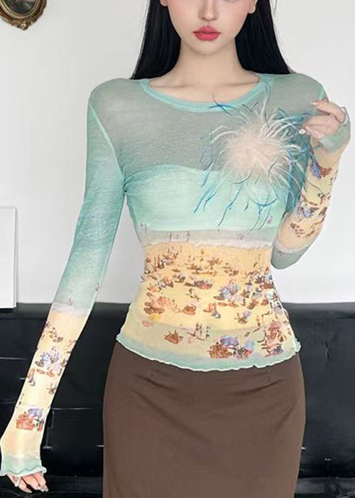 Slim Fit Colorblock O-neck Print Tulle T Shirts Summer