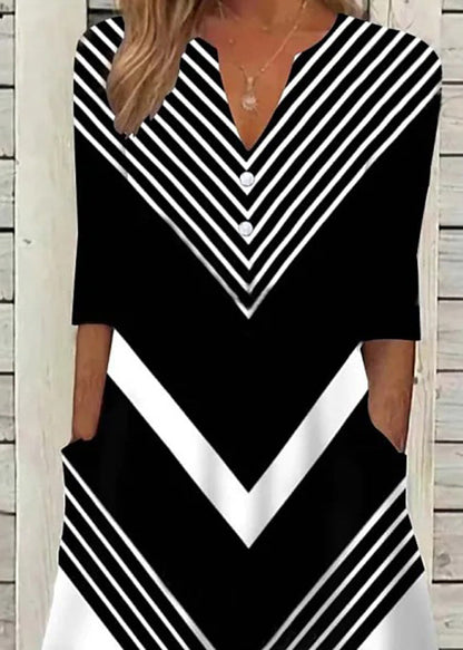 Black V Neck Striped Cotton Long Dresses Summer