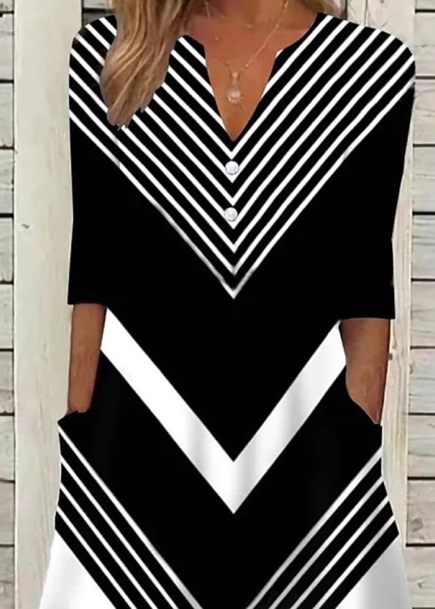 Black V Neck Striped Cotton Long Dresses Summer