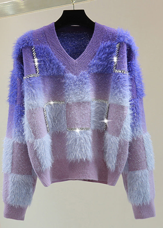 Gradient Color Blue O-neck Zircon Ma Hai Mao Cotton Knit Sweater Tops Winter