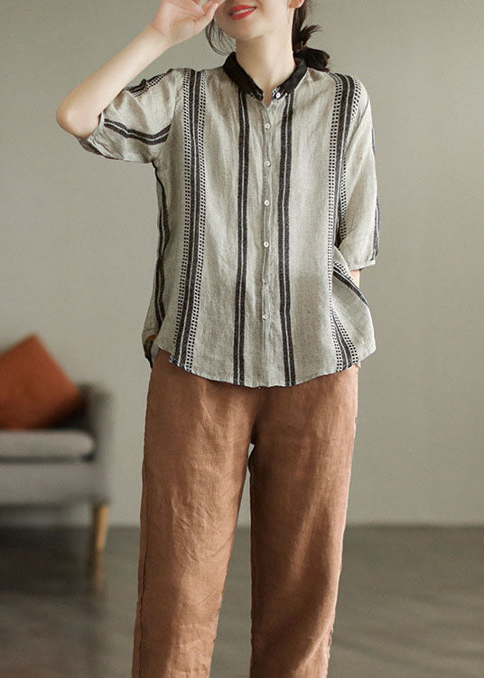 Black Grey Peter Pan Collar Print Patchwork Linen Shirt Top Summer