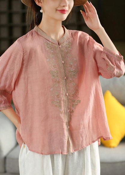 Orange O-neck Embroidered Linen Shirt Summer