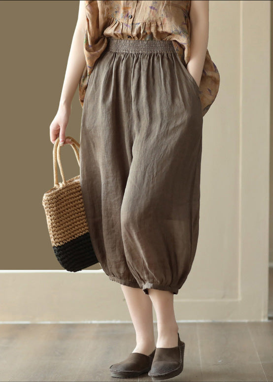 Coffee Elastic Waist Ramie Crop Pants