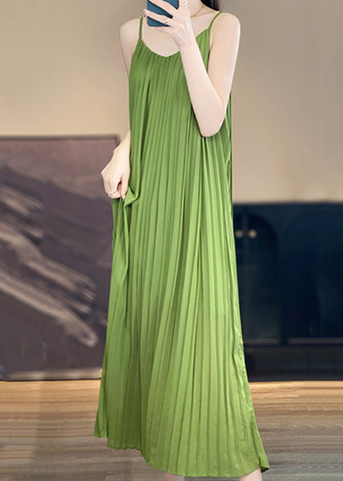 Green Wrinkled Cotton Spaghetti Strap Dress Sleeveless