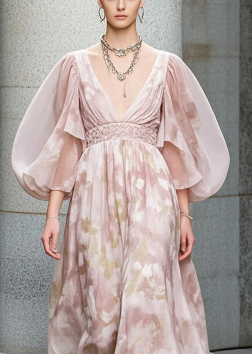 Light Pink Puff Sleeve Print Chiffon Cinched Dress