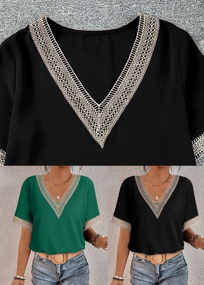 French Black Lace Patchwork T Shirts Summer
