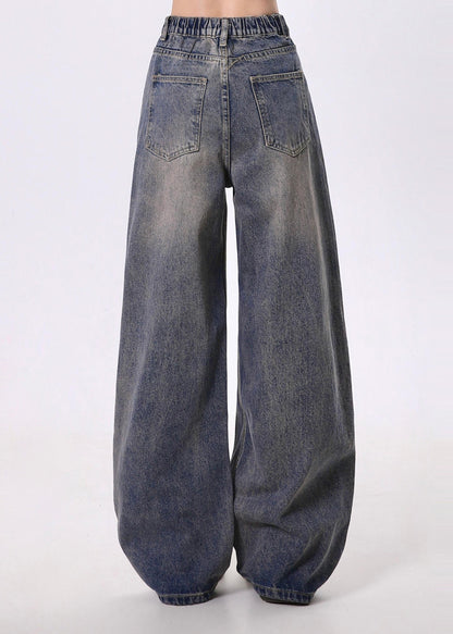 Blue Embroidered Denim Straight Pants Spring