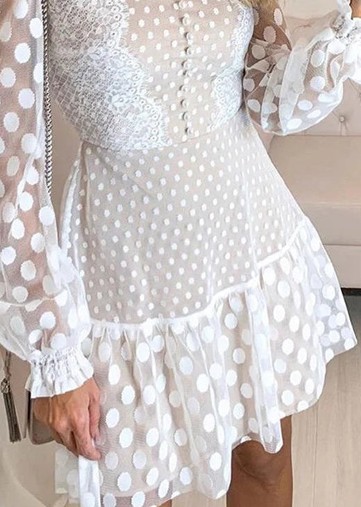 French White O Neck Dot Patchwork Lace Mid Dresses Fall