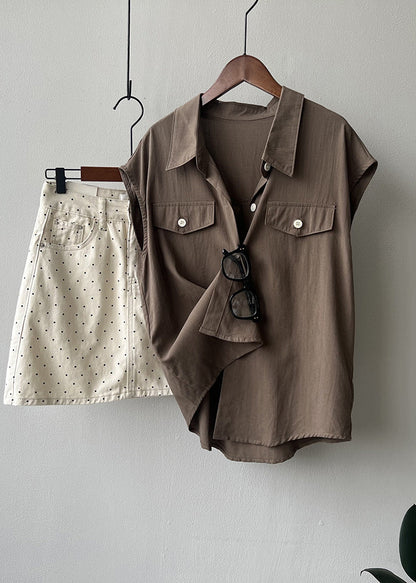 Coffee Peter Pan Collar Button Cotton Shirt Tops Summer