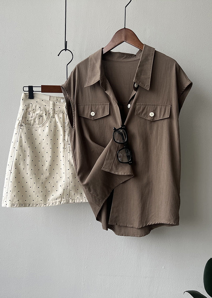 Coffee Peter Pan Collar Button Cotton Shirt Tops Summer