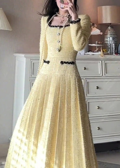 Yellow Square Collar Pleated Dresses Fall