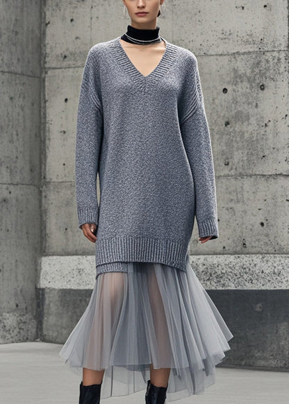 Grey V Neck Patchwork Tulle Knitwear Dress Winter