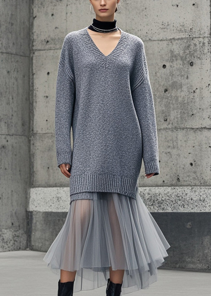 Grey V Neck Patchwork Tulle Knitwear Dress Winter