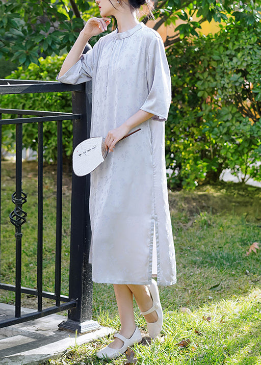 Handmade White Stand Collar Tassel Jacquard Silk Dress Summer