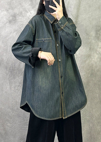 Original New Grey Blue Denim Shirt Top Spring