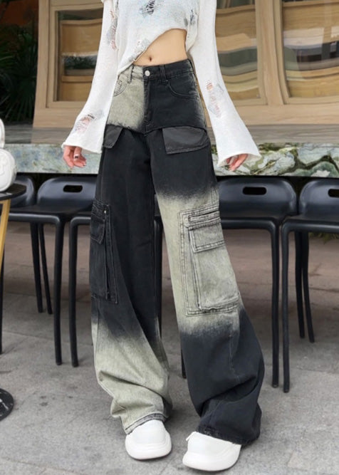 Modern Gradient Color Oversized With Pockets Denim Pants Spring