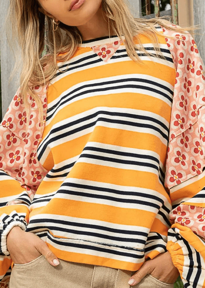 Stylish Yellow O Neck Striped Print Patchwork Cotton Top Lantern Sleeve