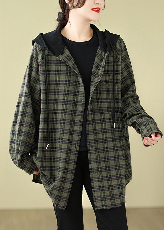 Green Plaid Cotton Hooded Shirts Coat Spring