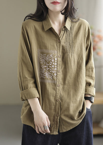 Khaki Lapel Embroidered Wrinkled Linen Shirt Tops Spring