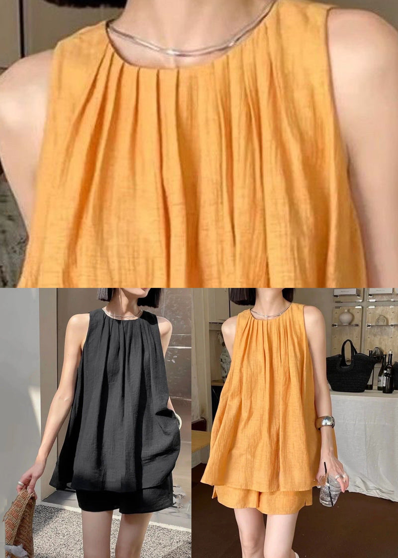 Black Wrinkled Top and Shorts Two Pieces Set Sleeveless