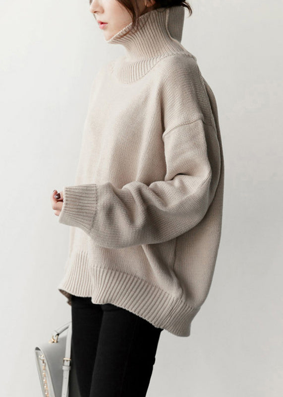 Simple Beige Turtleneck Knitted Cotton Sweaters Winter