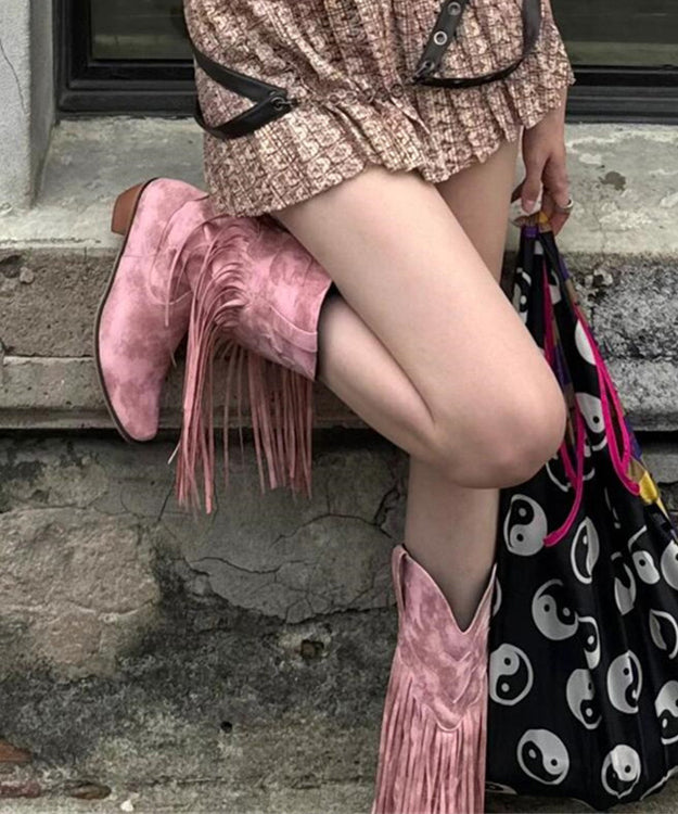 Pink Suede Splicing Chunky Boots Tassel