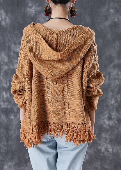 Khaki Embroideried Tasseled Knit Jackets Fall