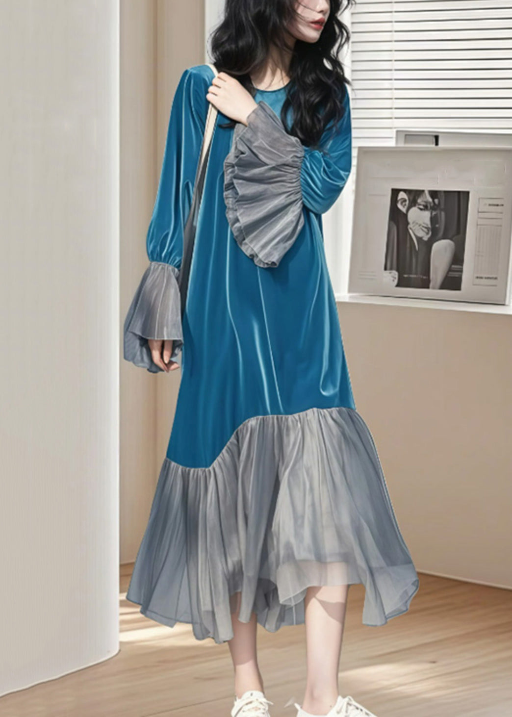 Blue Wrinkled Patchwork Silk Velvet Long Dress Flare Sleeve