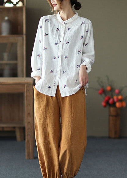 White Peter Pan Collar Embroidered Patchwork Linen Top Spring