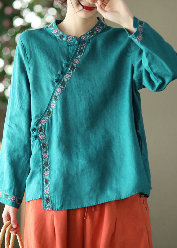 Blue O-neck Print Button Linen Shirt Long Sleeve
