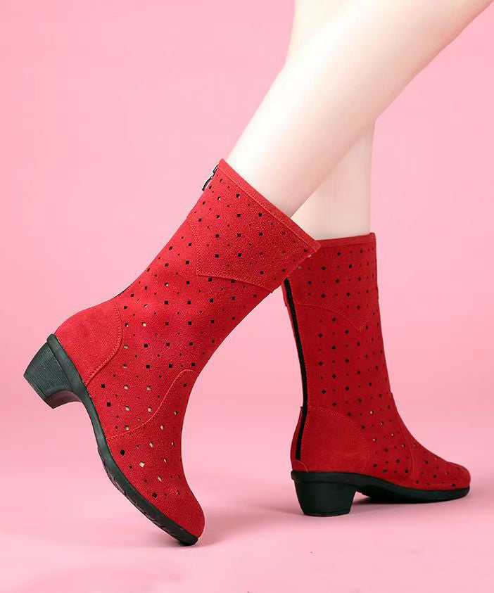 Splicing Chunky Boots Black Suede Hollow Out