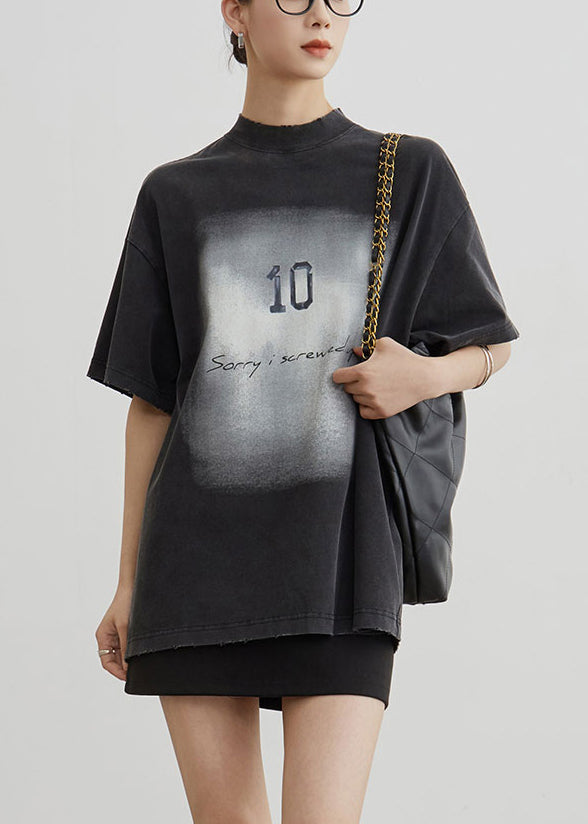 Black O Neck Print Cotton T Shirt Summer
