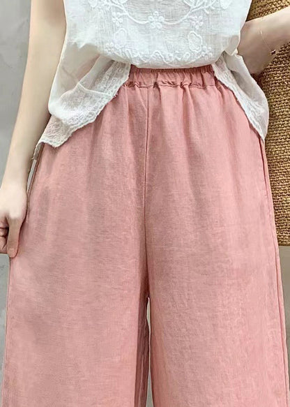 Unique Pink Ruffled Linen Straight Pants Summer