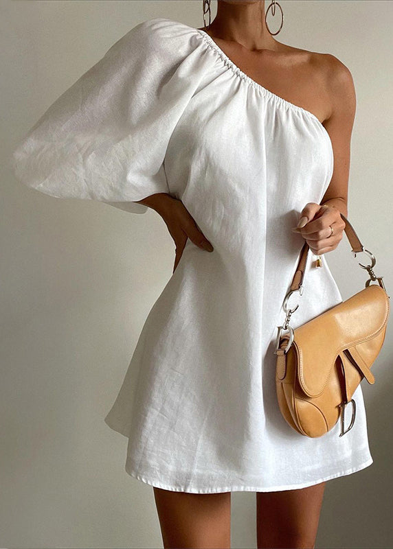 French White Asymmetrical Cotton Mid Dress Bracelet Sleeve