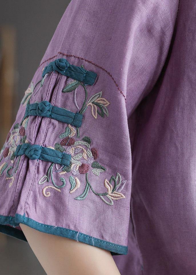 Purple Retro O-neck Oriental Summer Blouses Half Sleeve
