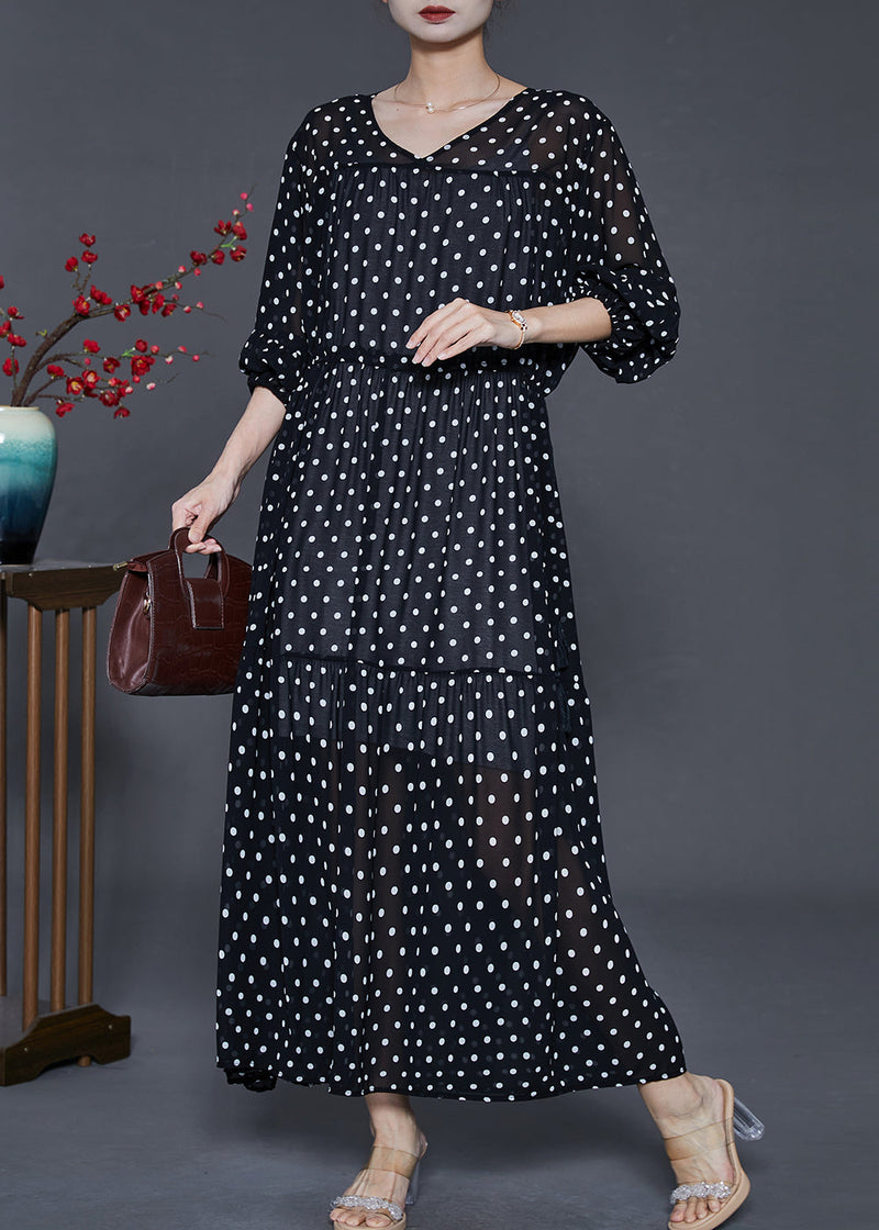 Black Print Chiffon Dresses Drawstring Exra Large Hem Summer