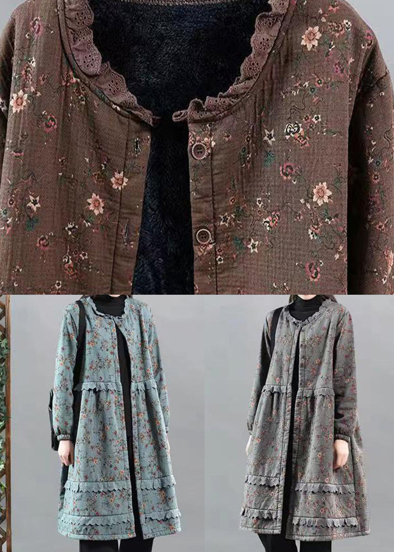 Blue Ruffled Lace Patchwork Warm Fleece Coat Fall