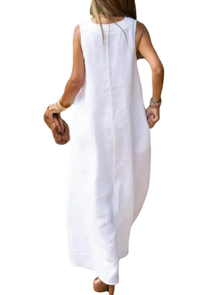 White V Neck Cotton a Line Dress Sleeveless